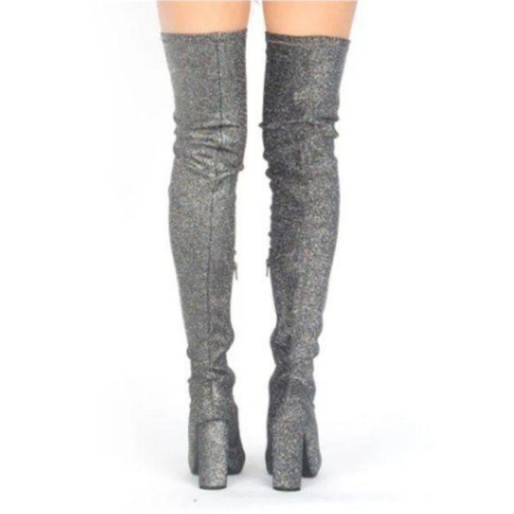 !NEW! Stretch Thigh Hi Chunky Heel Boots in Pewter - Picture 4 of 5